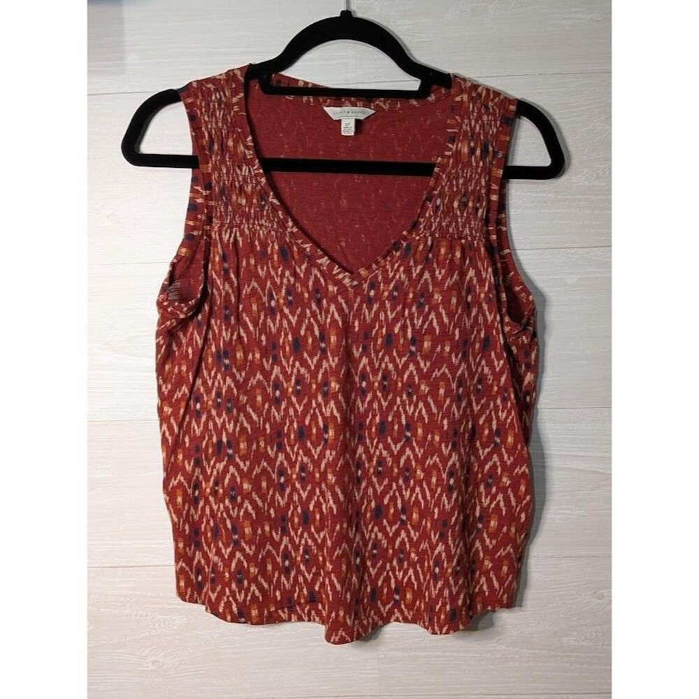 Lucky Brand Red Ikat Tank Top Small Boho Smocked V-Neck Cotton Blend SLEEVELESS